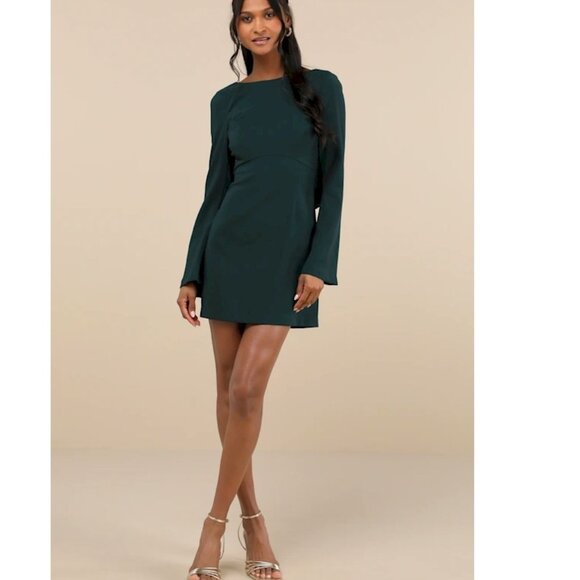 Lulus Elegant Cutie Emerald Big Bow Long Sleeve Backless Mini Dress Size XL NWOT - Picture 2 of 4